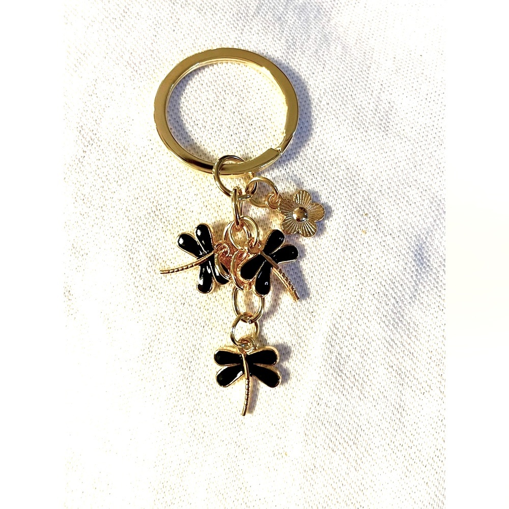 Black Dragonfly & Flower Dangle Gold Tone Key Chain New with tag!